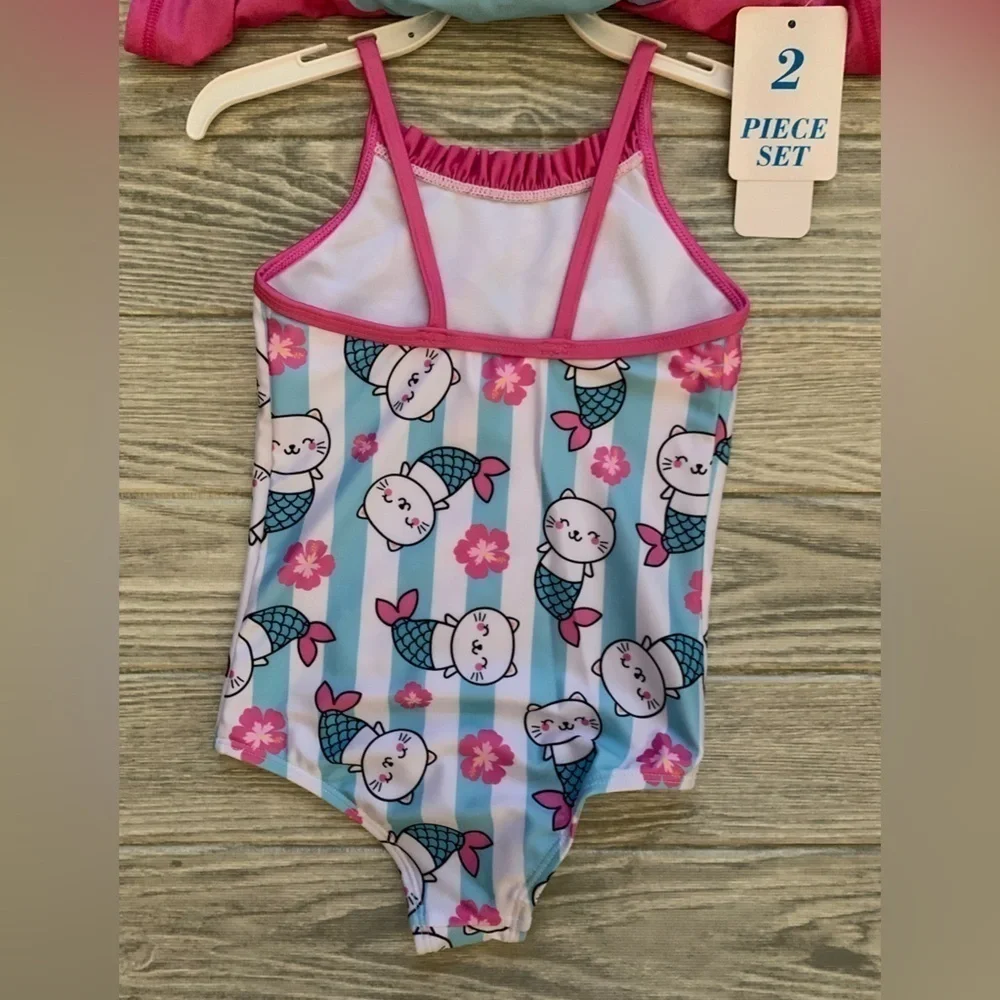 Caribbean Joe Girl’s Swimsuit With Short Sleeve Rash Guard Set 2-T